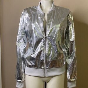 VICTORIA SPORT Silver Metallic velum zip front Bomber Jacket🖤🖤